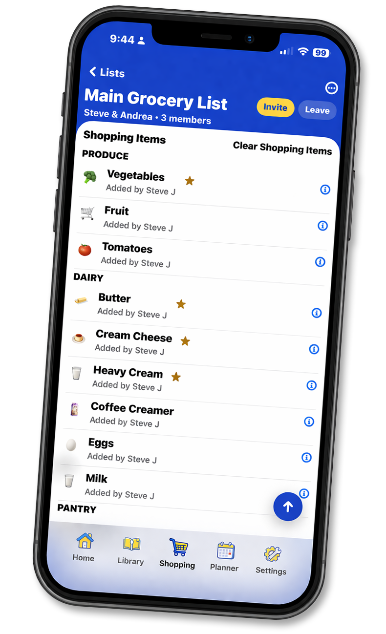 Recipe turned into a grocery shopping list in My Recipe Book Planner app